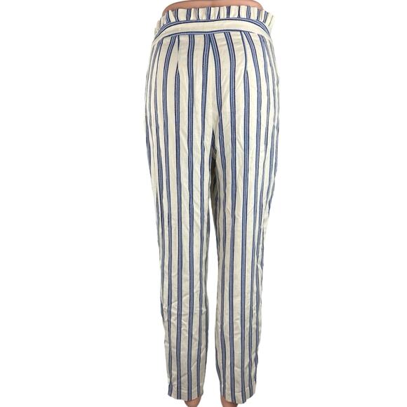 Express Blue White Stripe Ruffle High Rise Straight Leg Paperbag Trouser Pants 2 - Picture 3 of 7